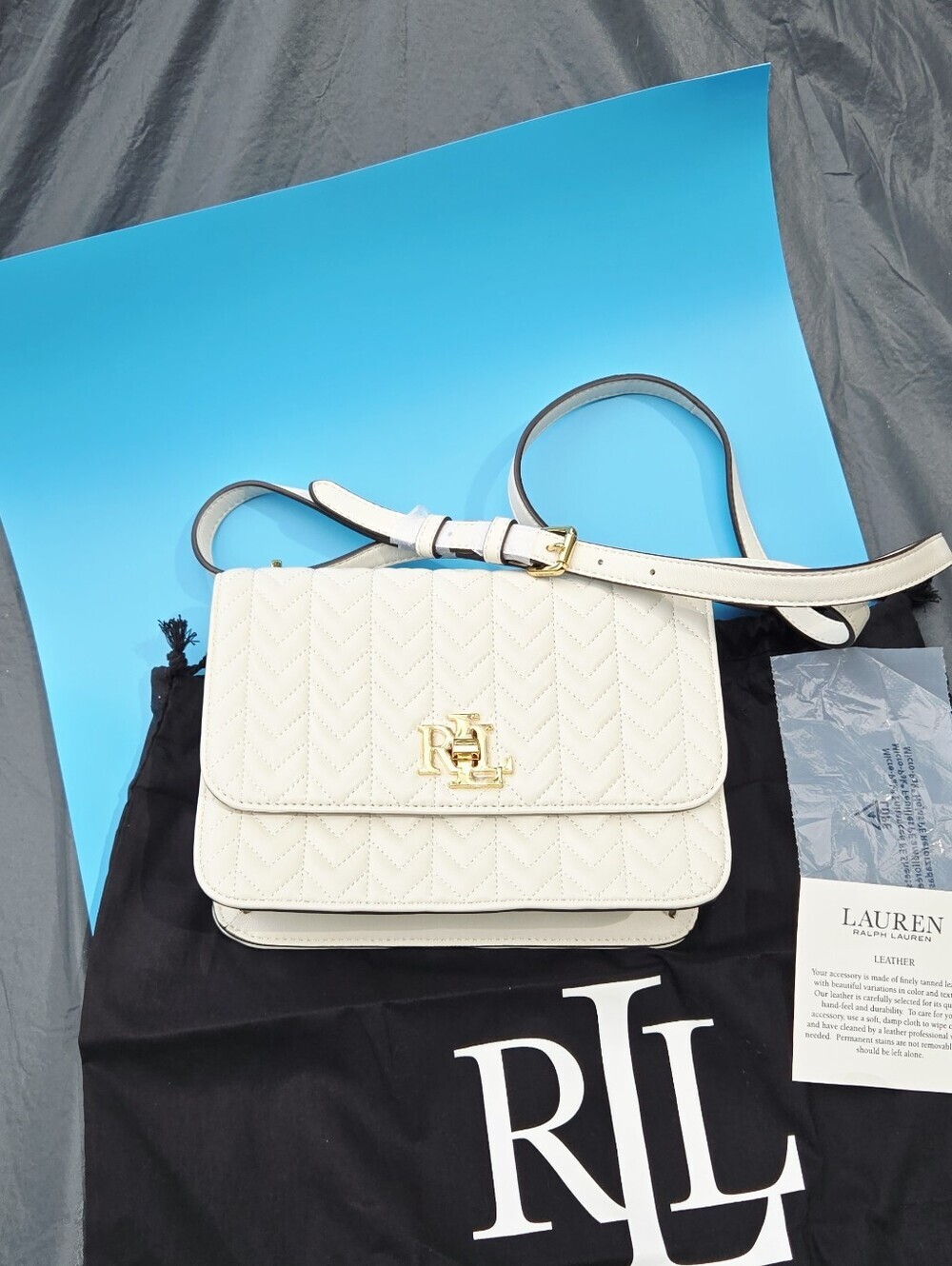 Lauren Ralph Lauren Quilted Cream Leather Shoulder Bag with Gold RLL Logo